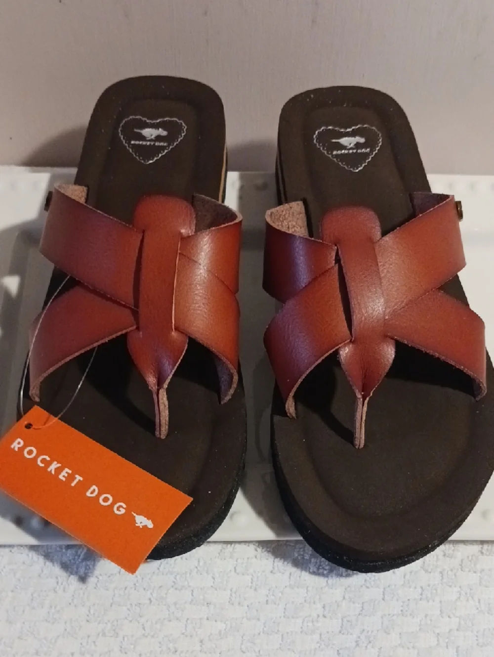 Rocket Dog ⚜️ Brown Vtg Leather Look Platform Wedge Slide/Flip Flop Sandals